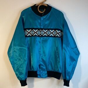 Teal Bomber Jacket with Geometric Pattern 80s-90s